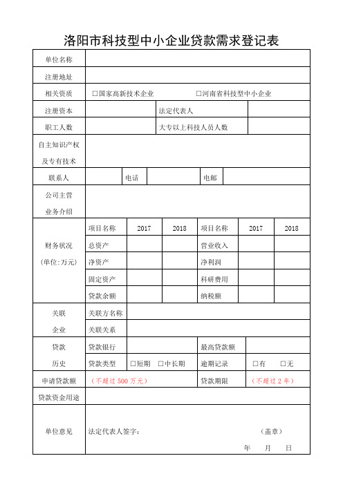 洛阳市科技型中小企业贷款需求登记表