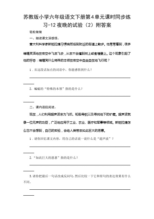 苏教版小学六年级语文下册第4单元课时同步练习-12夜晚的试验(2