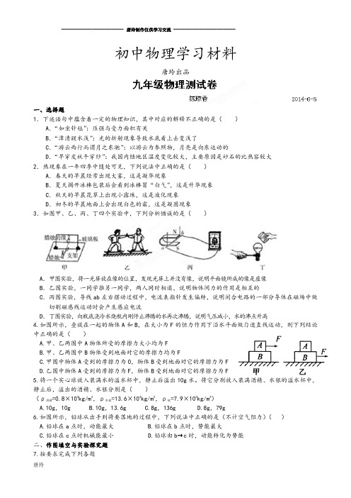 中考冲刺九年级物理测试(2014-6-5).docx