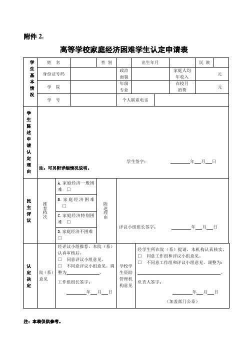 高等学校家庭经济困难学生认定申请表