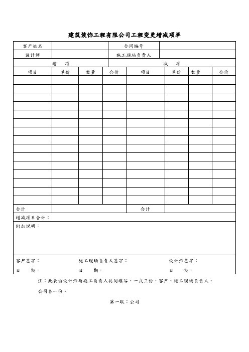 建筑装饰工程有限公司工程变更增减项单