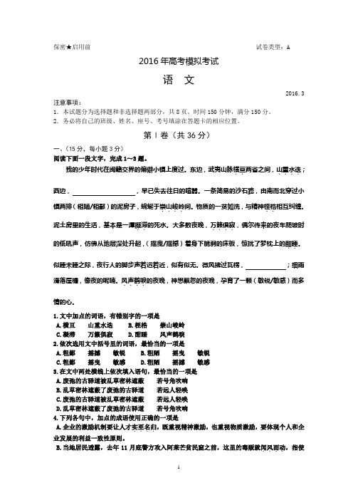 2016年3月潍坊市一摸考试语文试题