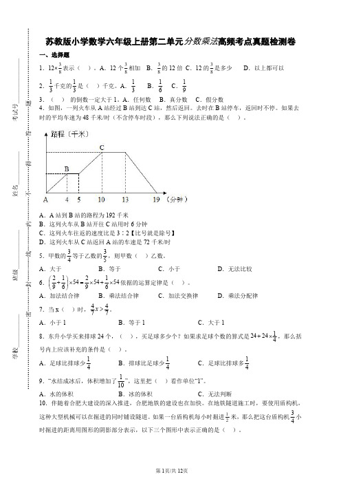 苏教版小学数学六年级上册第二单元分数乘法高频考点真题检测卷【含答案】