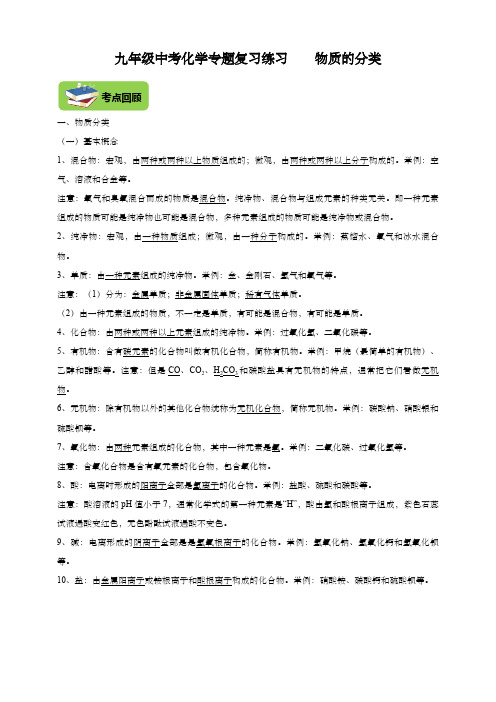 九年级中考化学专题复习练习    物质的分类