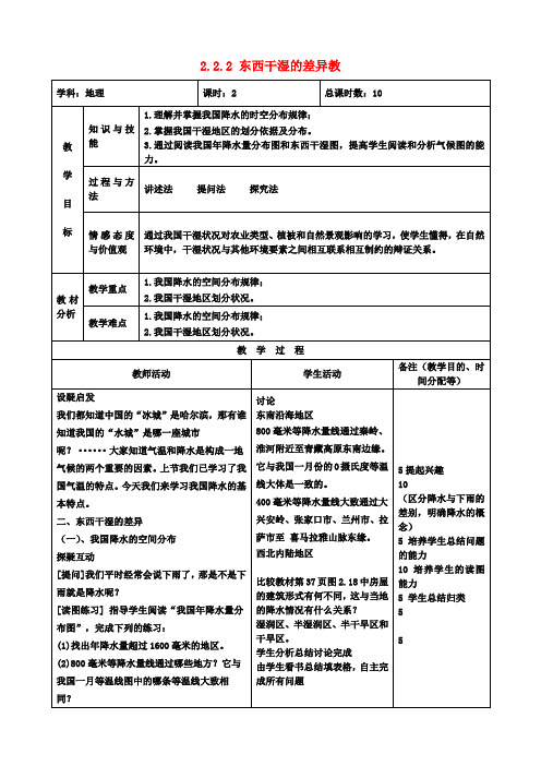 八年级地理上册 2.2.2 东西干湿的差异教案 新人教版