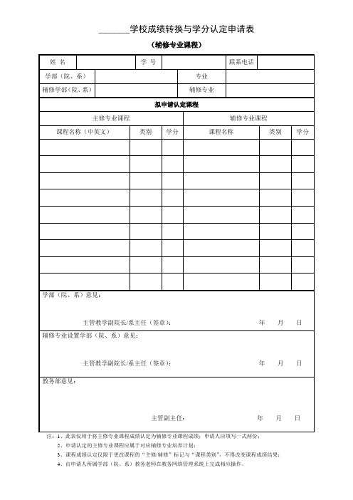 学校学生成绩转换与学分认定申请表(辅修专业课程)