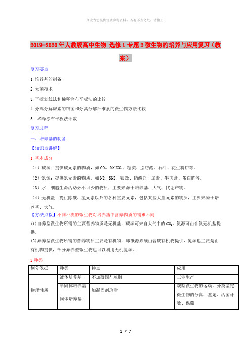 2019-2020年人教版高中生物 选修1专题2微生物的培养与应用复习(教案)