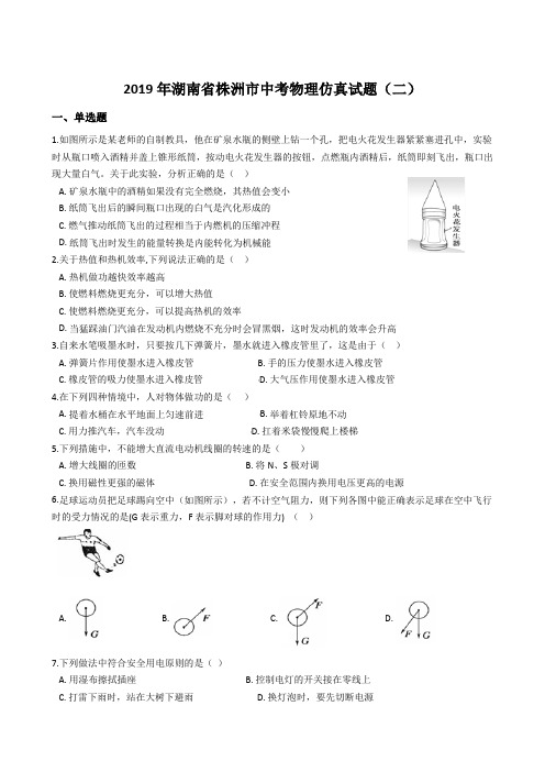 (2019年)湖南省株洲市中考物理仿真试题(含答案)(二)