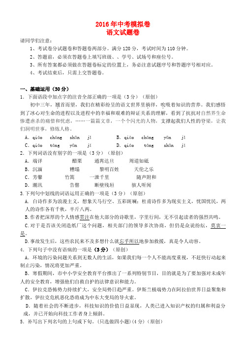 浙江省杭州市2016年中考语文模拟命题比赛试卷(30)