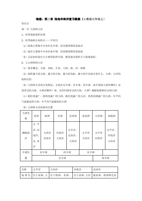 地理：第二章-陆地和海洋复习教案(人教版七年级上)