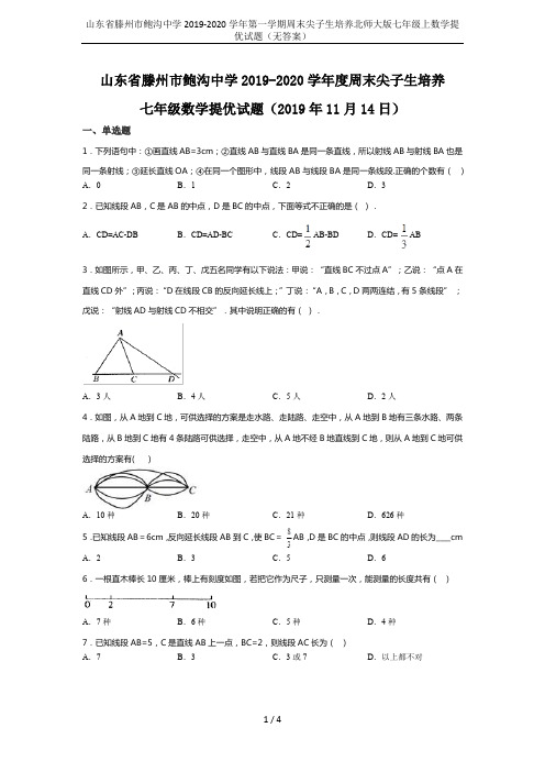 山东省滕州市鲍沟中学2019-2020学年第一学期周末尖子生培养北师大版七年级上数学提优试题(无答案