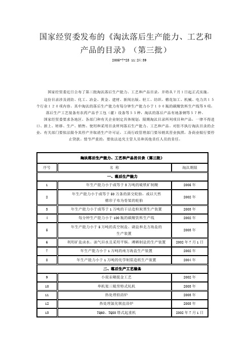 《淘汰落后生产能力、工艺和产品的目录》