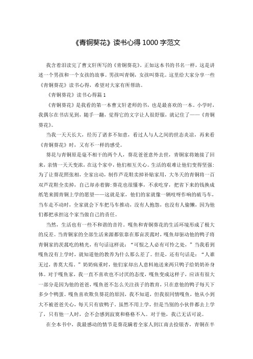 《青铜葵花》读书心得1000字范文