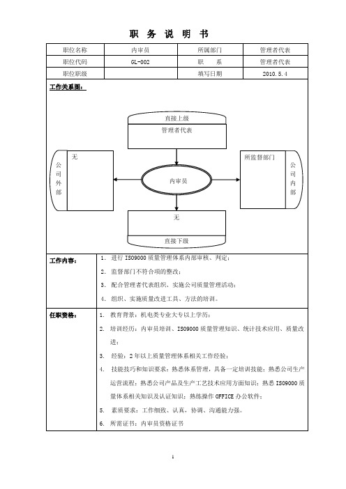 内审员职务说明书