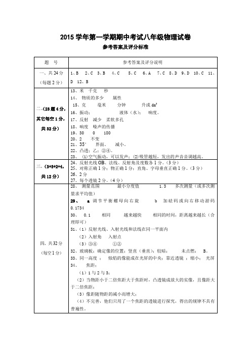 2015学年第一学期期中考试初二年级物理试卷参考答案及评分说明