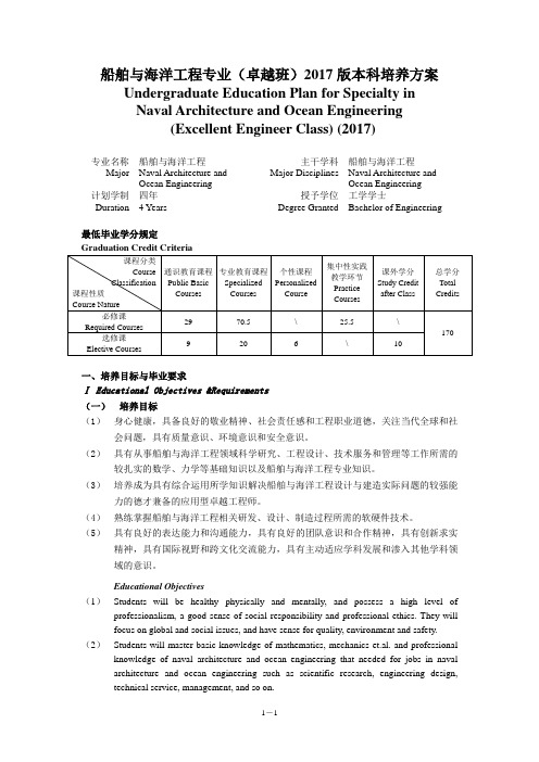 武汉理工大学船舶与海洋工程专业(卓越班)2017版本科培养方案