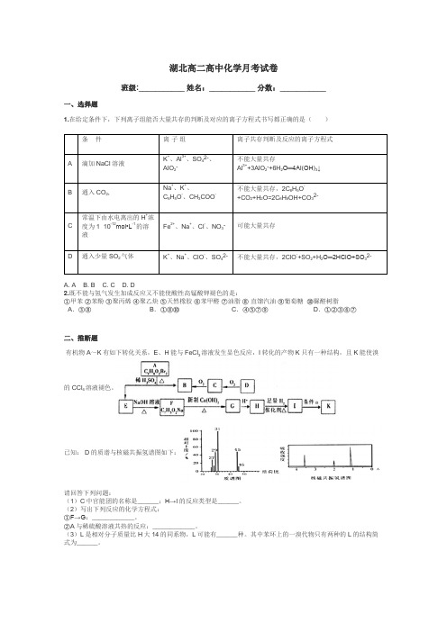 湖北高二高中化学月考试卷带答案解析
