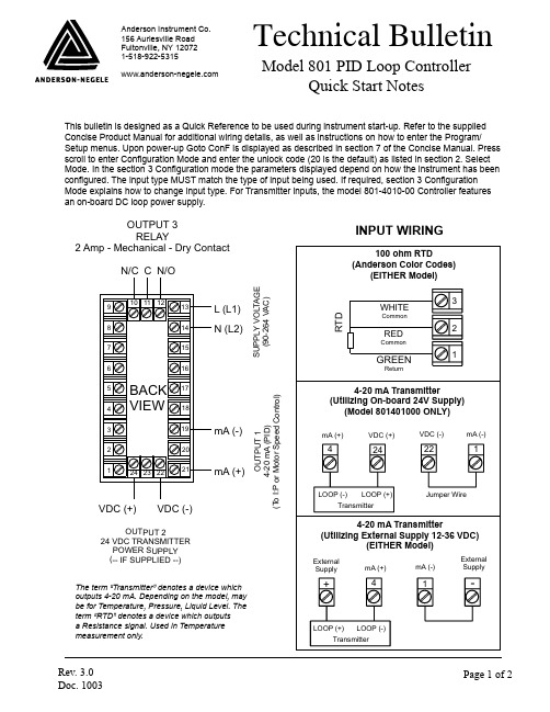 安德森（Anderson）仪器公司模型801PID循环控制器快速启动指南（版本3.0）说明书