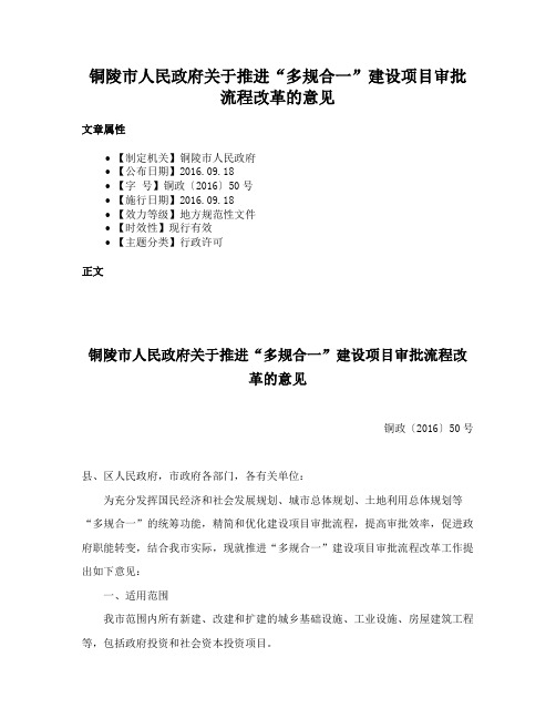 铜陵市人民政府关于推进“多规合一”建设项目审批流程改革的意见