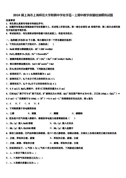 2024届上海市上海师范大学附属中学化学高一上期中教学质量检测模拟试题含解析