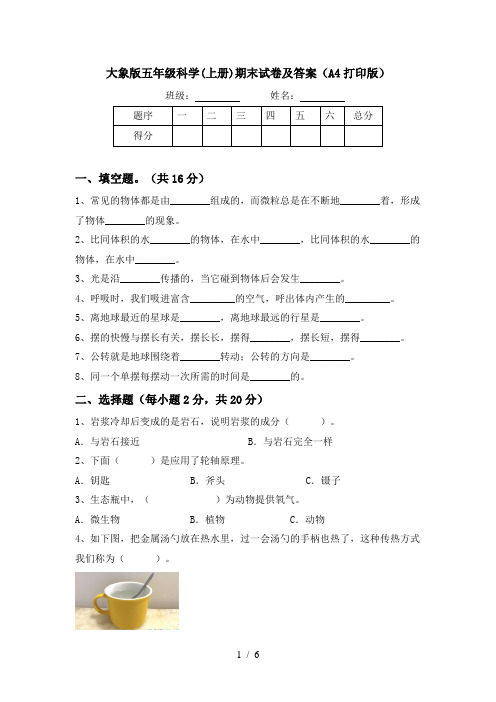 大象版五年级科学(上册)期末试卷及答案(A4打印版)