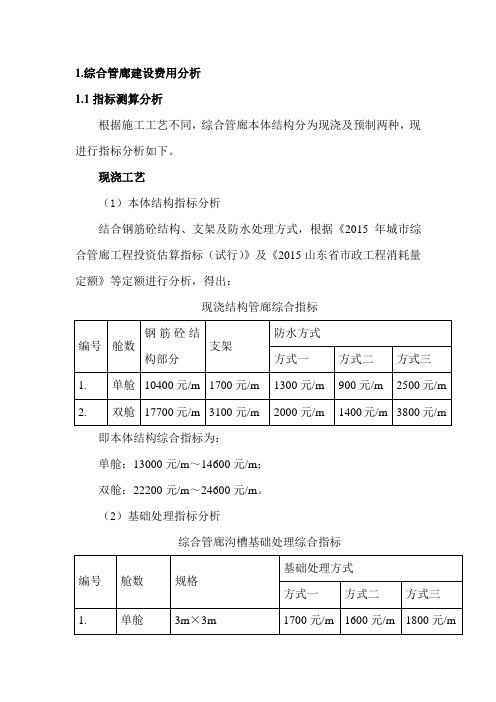 山东省综合管廊建设投资及运营成本