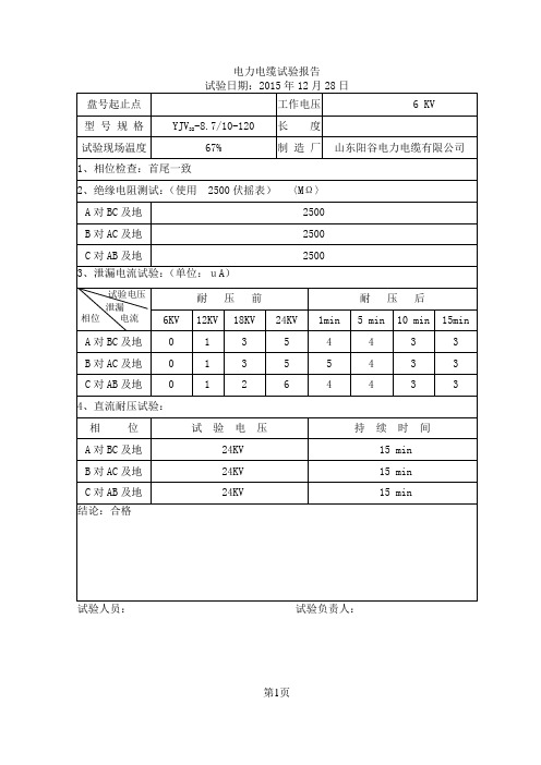 电力电缆试验报告