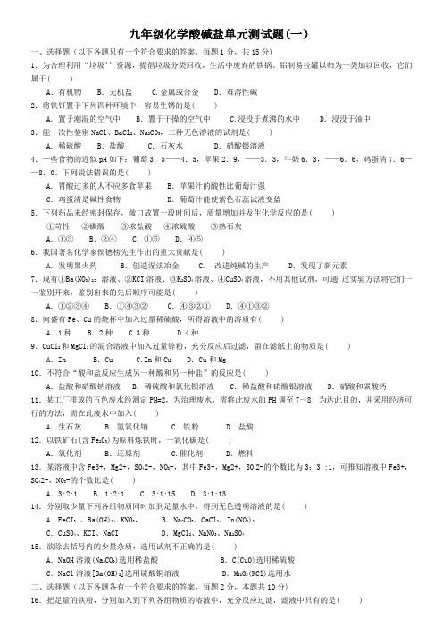 九年级化学酸碱盐单元测试题(含答案)