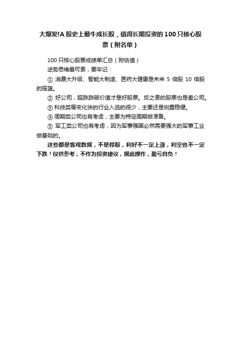 大爆发!A股史上最牛成长股，值得长期投资的100只核心股票（附名单）