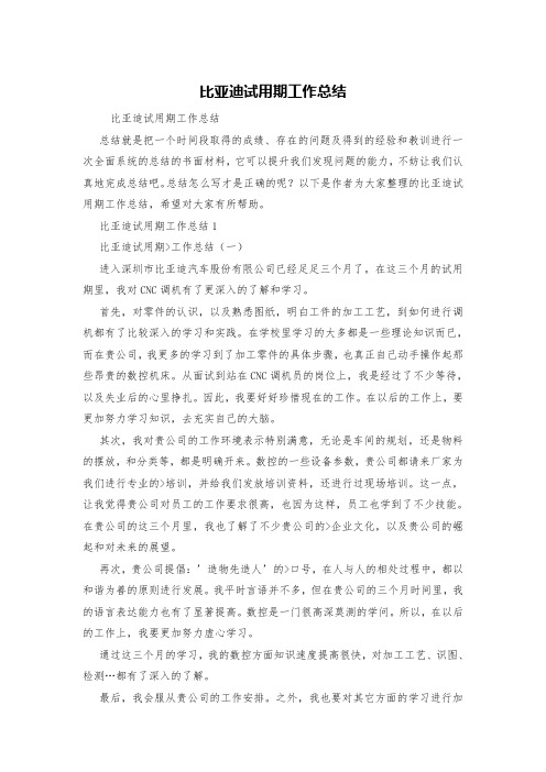 比亚迪试用期工作总结