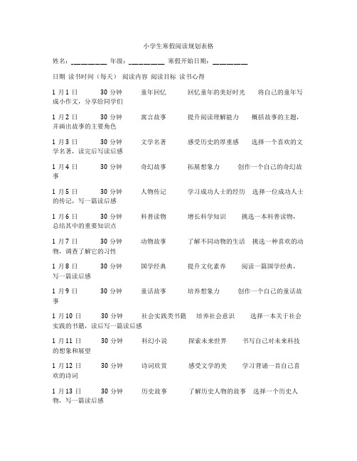 小学生寒假阅读规划表格