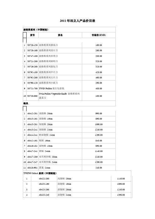 2011年双立人产品价目表