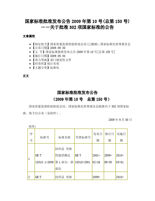 国家标准批准发布公告2009年第10号(总第150号)－－关于批准302项国家标准的公告