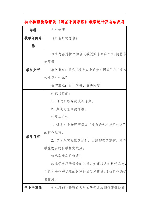 初中物理教学课例《阿基米德原理》教学设计及总结反思