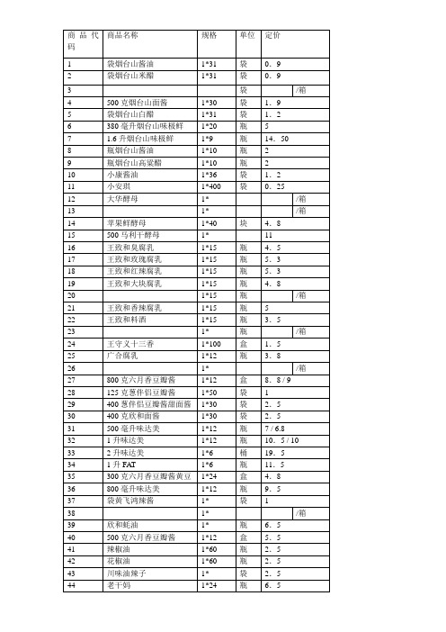 调味品进价表