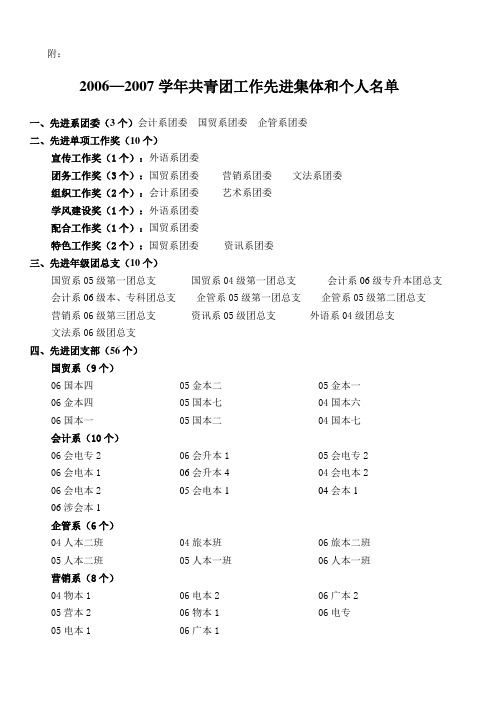 2006—2007学年共青团工作先进集体和个人名单