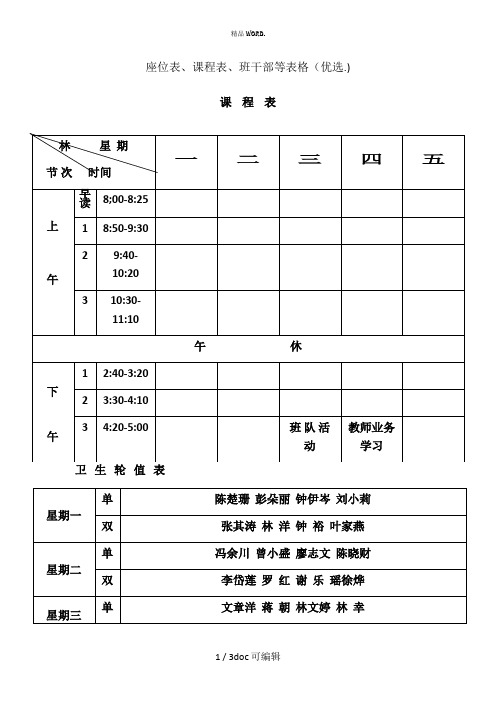 座位表、课程表、班干部等表格甄选