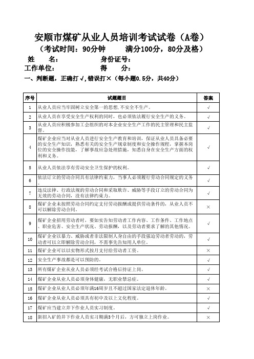 煤矿从业人员考试试卷(2015)2