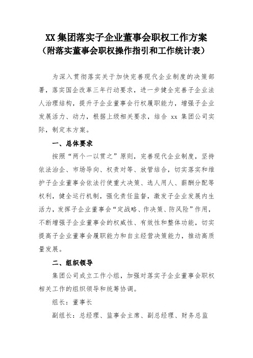 XX集团落实子企业董事会职权工作方案(附落实董事会职权操作指引和工作统计表)