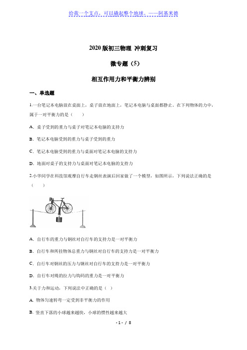 (5) 相互作用力和平衡力辨别— 九年级中考物理冲刺复习小题练透专题检测