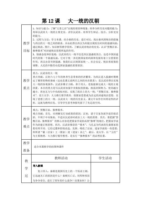 第12课《大一统的汉朝》教学设计