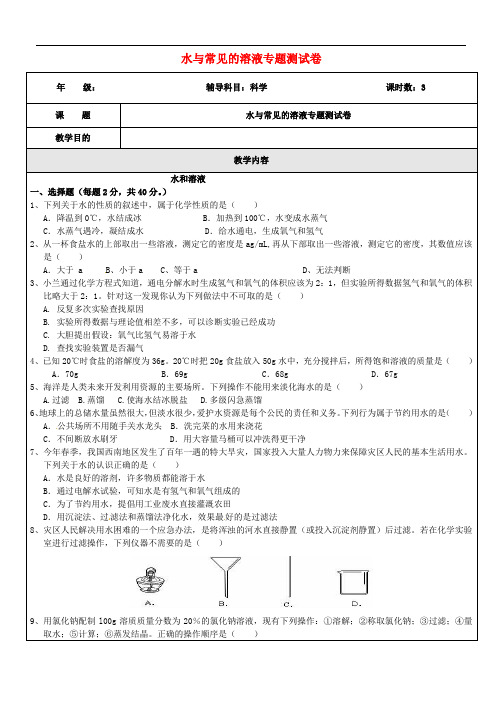 浙江省中考科学(化学部分)复习 专题2 水与常见的溶液专题测试卷