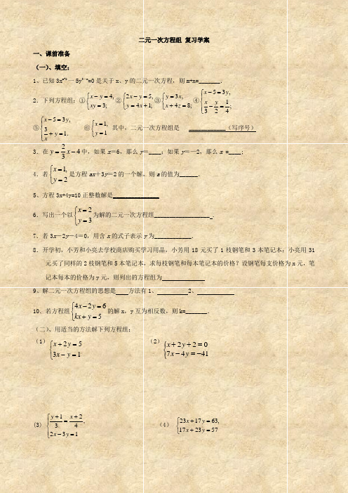 数学：第十章《二元一次方程组》复习学案(苏科版七年级下)