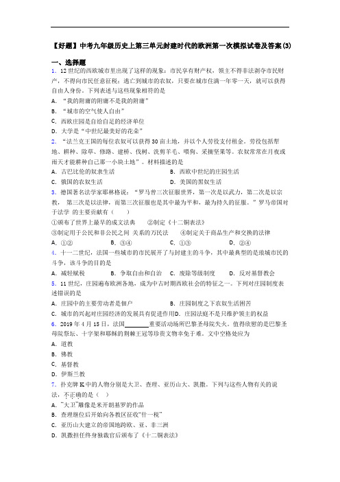 【好题】中考九年级历史上第三单元封建时代的欧洲第一次模拟试卷及答案(3)