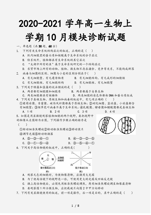 2020-2021学年高一生物上学期10月模块诊断试题