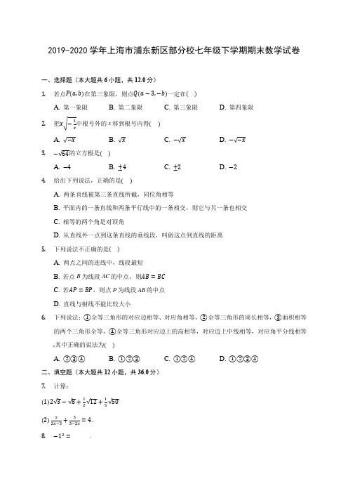 2019-2020学年上海市浦东新区部分校七年级下学期期末数学试卷(含解析)