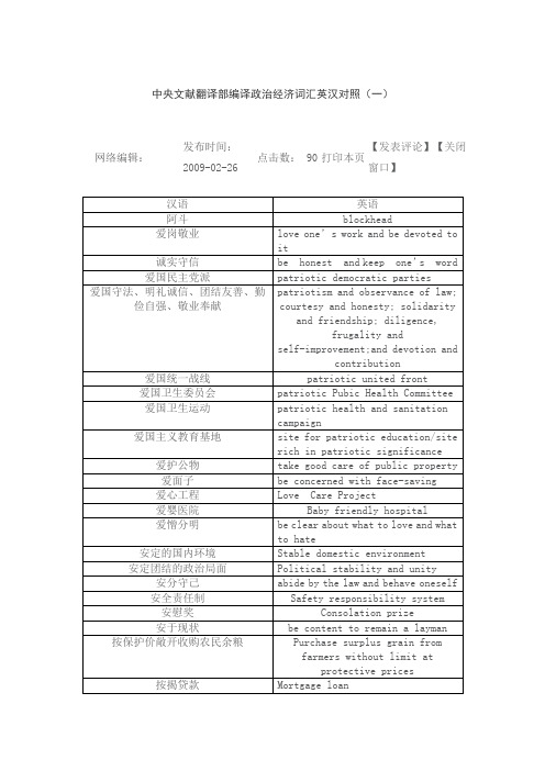 我国文献翻译部编译政治经济词汇英汉对照