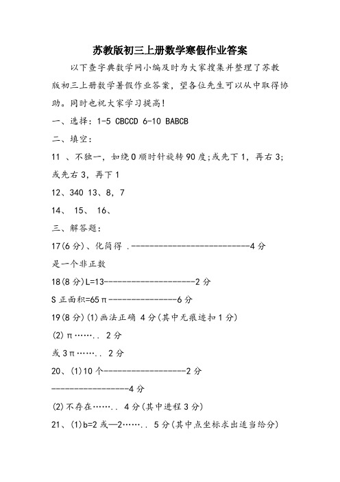 苏教版初三上册数学寒假作业答案