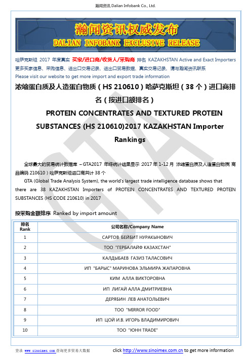 浓缩蛋白质及人造蛋白物质(HS 210610)2017 哈萨克斯坦(38个)进口