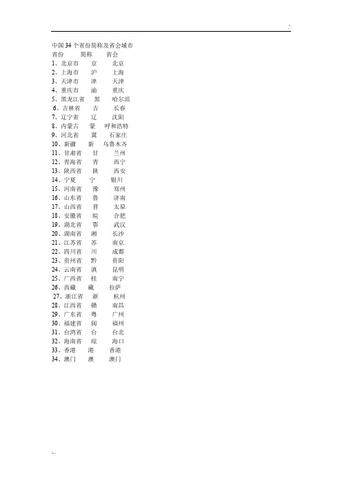 中国34个省份简称及省会城市